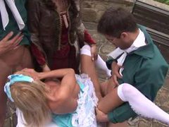 UhBabe presents: Costume porn group sex with hottie outdoors
