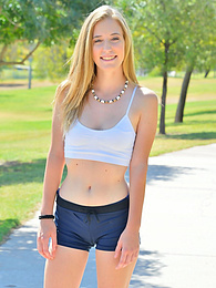 UhBabe presents: Sporty blonde babe Dakota strips her clothes and flaunts her hot body outdoors