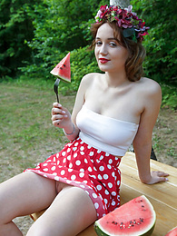 UhBabe presents: Nice belarusian stunner Rokki removes all clothes on a blanket in a backyard